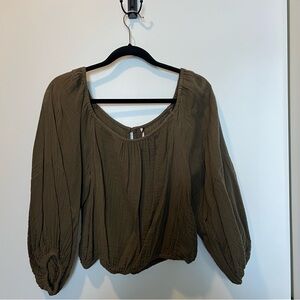 Free People Olive Green Blouse with Puff Sleeves